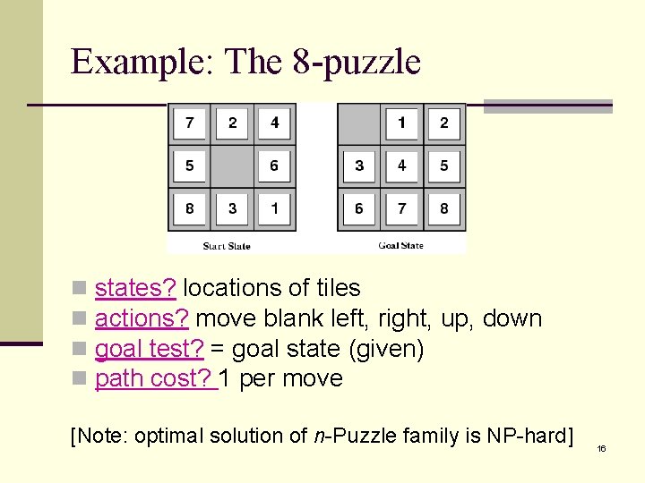 Example: The 8 -puzzle n n states? locations of tiles actions? move blank left,