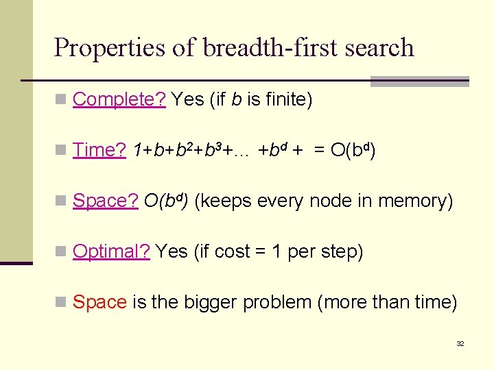 Properties of breadth-first search n Complete? Yes (if b is finite) n Time? 1+b+b