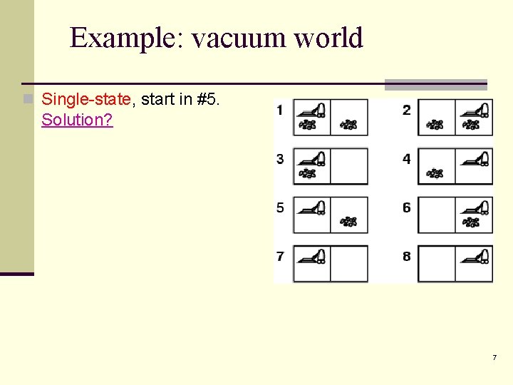 Example: vacuum world n Single-state, start in #5. Solution? 7 