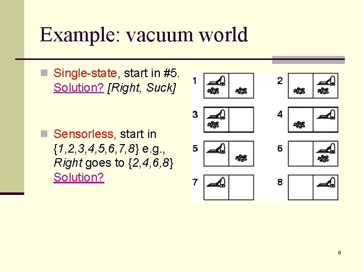 Example: vacuum world n Single-state, start in #5. Solution? [Right, Suck] n Sensorless, start
