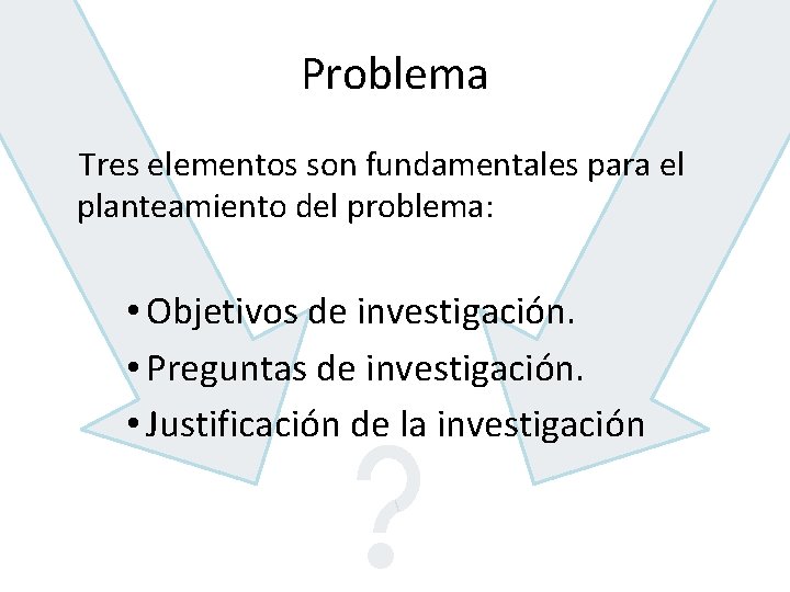 Problema Tres elementos son fundamentales para el planteamiento del problema: • Objetivos de investigación.