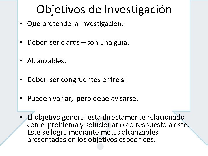 Objetivos de Investigación • Que pretende la investigación. • Deben ser claros – son