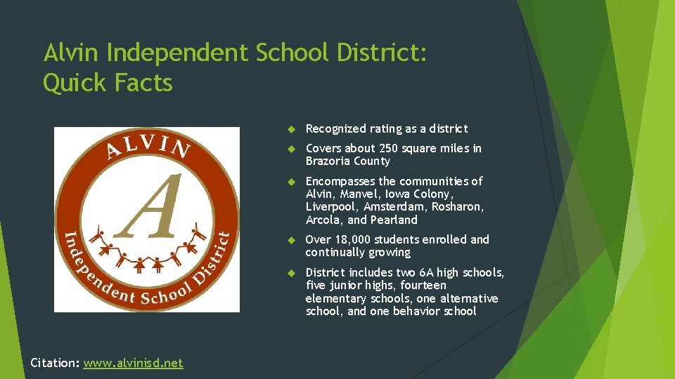 Alvin Independent School District: Quick Facts Citation: www. alvinisd. net Recognized rating as a