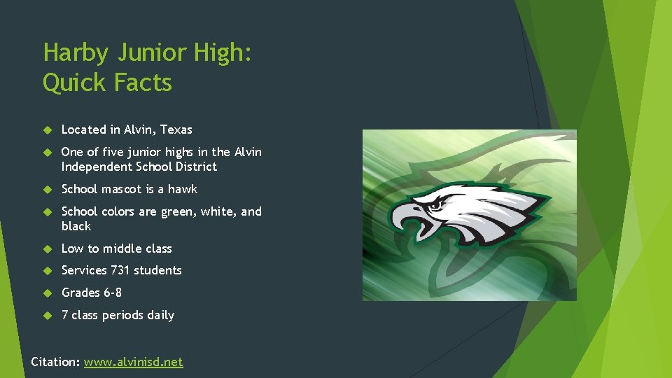 Harby Junior High: Quick Facts Located in Alvin, Texas One of five junior highs