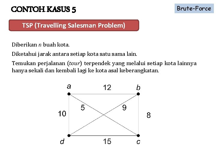 CONTOH KASUS 5 Brute-Force TSP (Travelling Salesman Problem) Diberikan n buah kota. Diketahui jarak