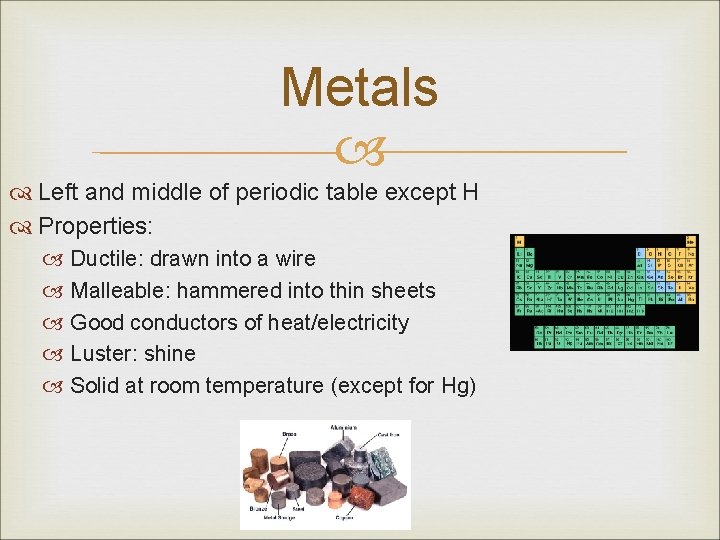 Metals Left and middle of periodic table except H Properties: Ductile: drawn into a Metals Left and middle of periodic table except H Properties: Ductile: drawn into a