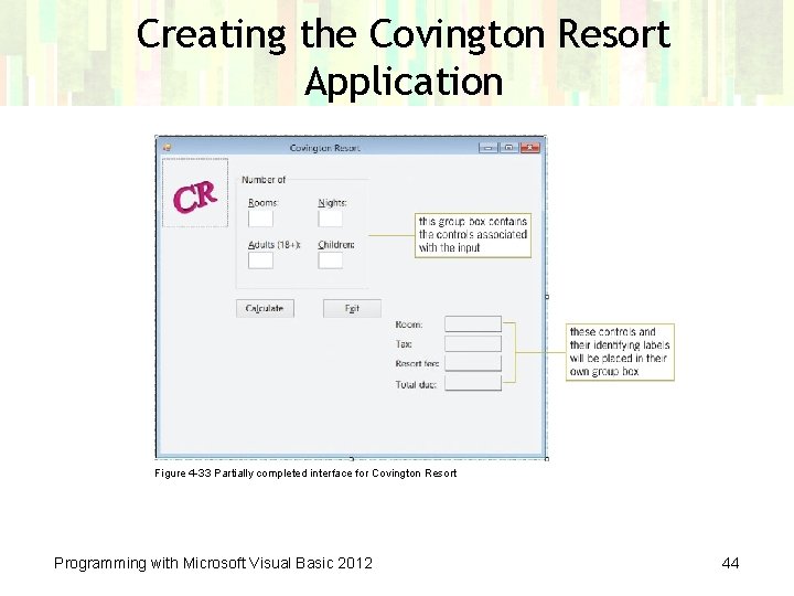 Creating the Covington Resort Application Figure 4 -33 Partially completed interface for Covington Resort Creating the Covington Resort Application Figure 4 -33 Partially completed interface for Covington Resort