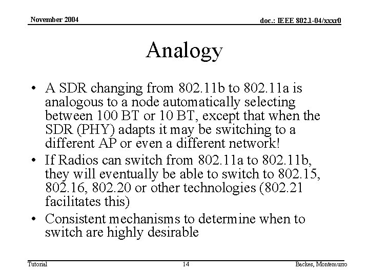 November 2004 doc. : IEEE 802. 1 -04/xxxr 0 Analogy • A SDR changing