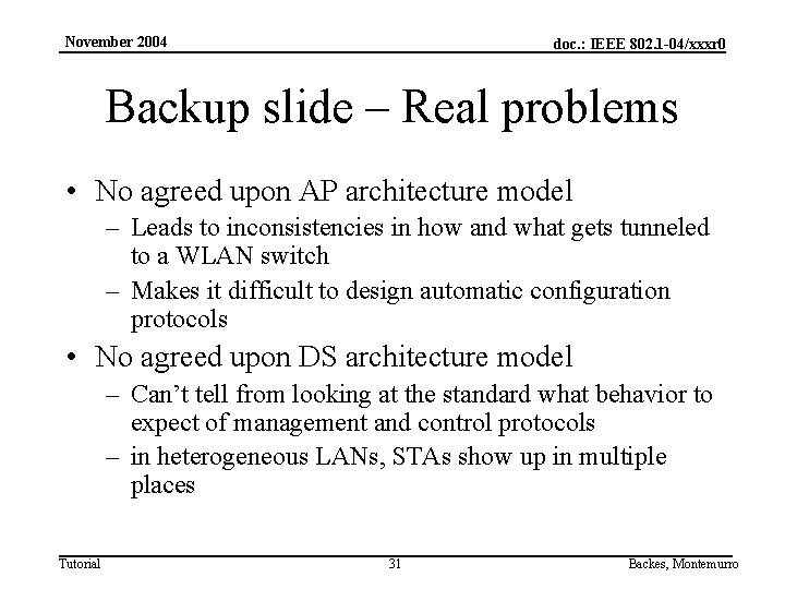 November 2004 doc. : IEEE 802. 1 -04/xxxr 0 Backup slide – Real problems