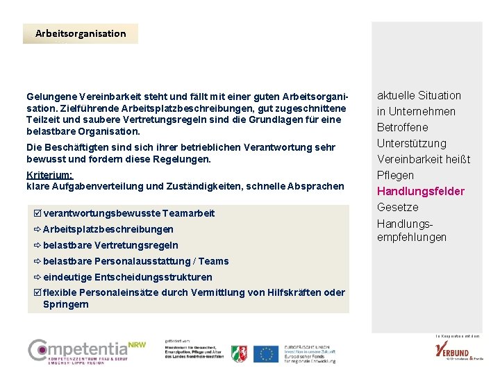 Arbeitsorganisation Gelungene Vereinbarkeit steht und fällt mit einer guten Arbeitsorganisation. Zielführende Arbeitsplatzbeschreibungen, gut zugeschnittene