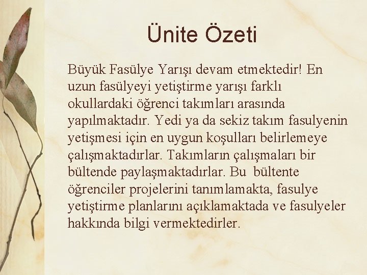 Ünite Özeti Büyük Fasülye Yarışı devam etmektedir! En uzun fasülyeyi yetiştirme yarışı farklı okullardaki