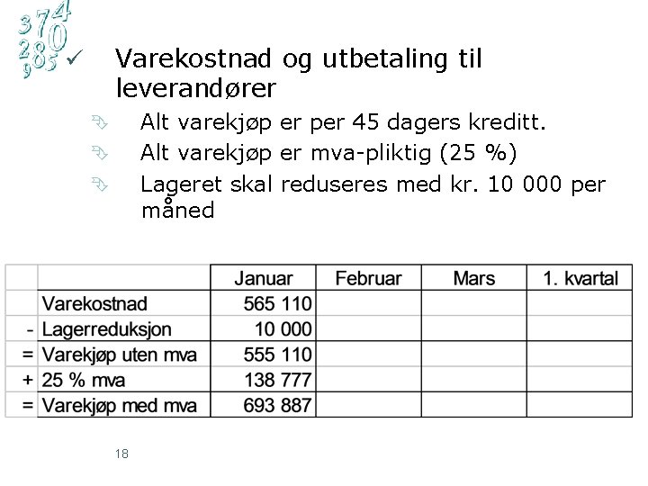 Varekostnad og utbetaling til leverandører ü Alt varekjøp er per 45 dagers kreditt. Alt