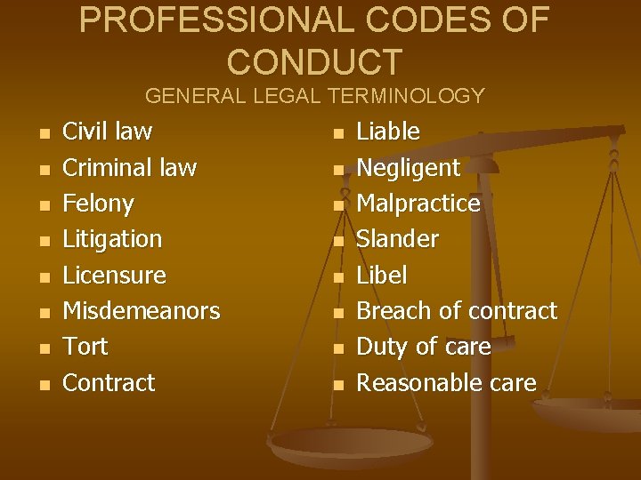 PROFESSIONAL CODES OF CONDUCT GENERAL LEGAL TERMINOLOGY n n n n Civil law Criminal