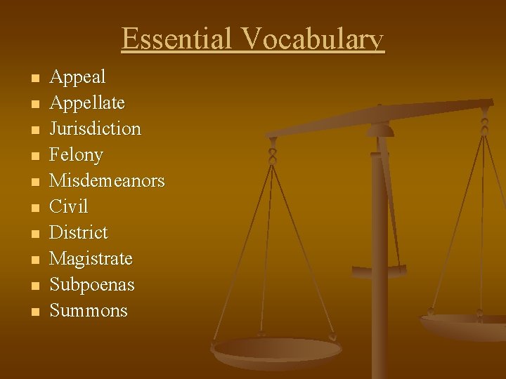 Essential Vocabulary n n n n n Appeal Appellate Jurisdiction Felony Misdemeanors Civil District