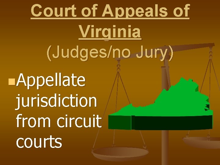 Court of Appeals of Virginia (Judges/no Jury) n. Appellate jurisdiction from circuit courts 