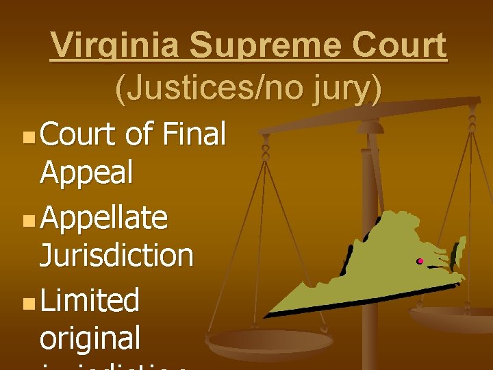 Virginia Supreme Court (Justices/no jury) n Court of Final Appeal n Appellate Jurisdiction n