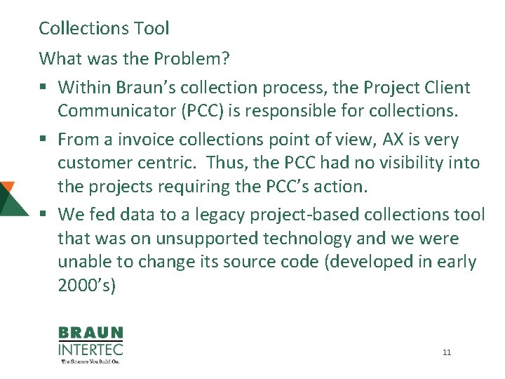 Collections Tool What was the Problem? § Within Braun’s collection process, the Project Client