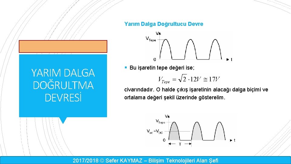 Yarım Dalga Doğrultucu Devre YARIM DALGA DOĞRULTMA DEVRESİ § Bu işaretin tepe değeri ise;