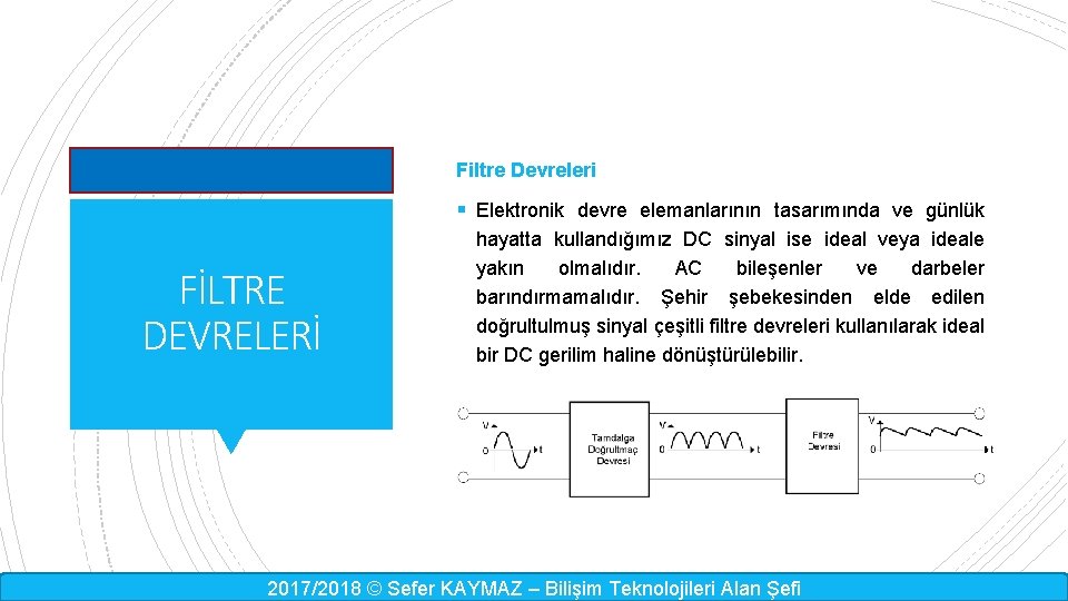 Filtre Devreleri § Elektronik devre elemanlarının tasarımında ve günlük FİLTRE DEVRELERİ hayatta kullandığımız DC