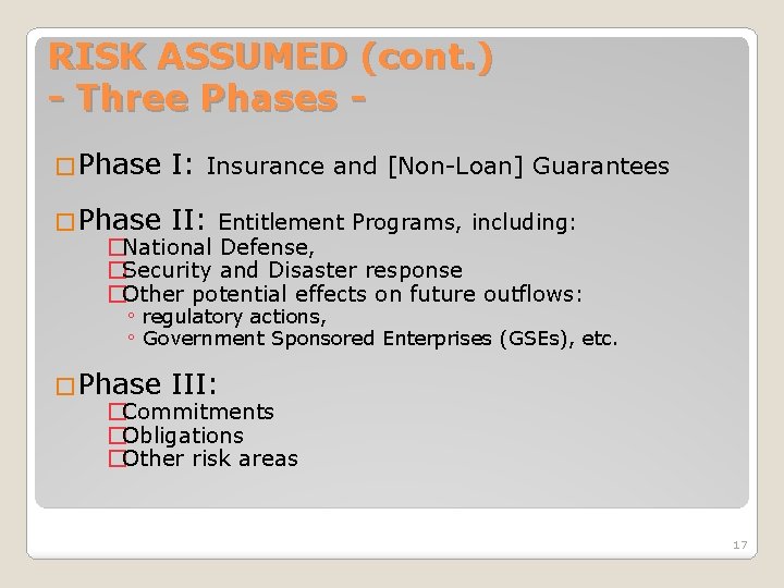 RISK ASSUMED (cont. ) - Three Phases �Phase I: Insurance and [Non-Loan] Guarantees �Phase