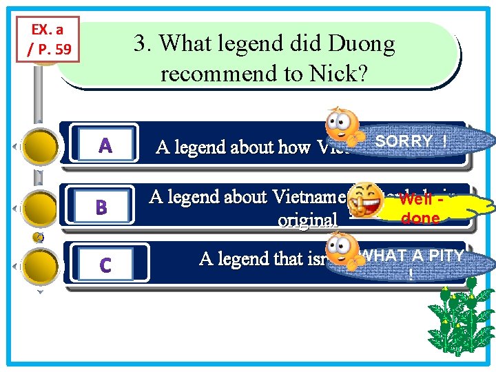 EX. a / P. 59 3. What legend did Duong recommend to Nick? SORRY