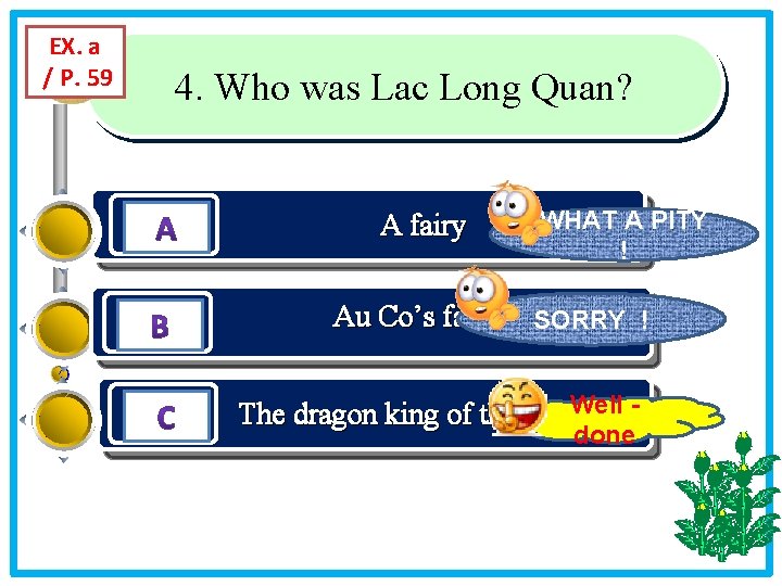 EX. a / P. 59 4. Who was Lac Long Quan? A fairy WHAT