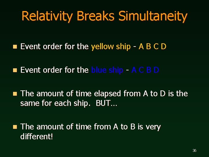 Relativity Breaks Simultaneity n Event order for the yellow ship - A B C