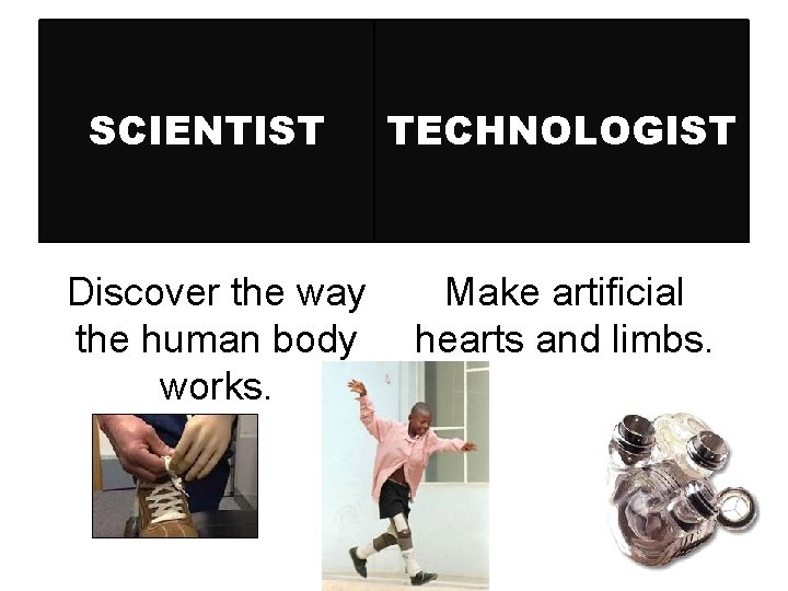 SCIENTIST TECHNOLOGIST Discover the way the human body works. Make artificial hearts and limbs. SCIENTIST TECHNOLOGIST Discover the way the human body works. Make artificial hearts and limbs.