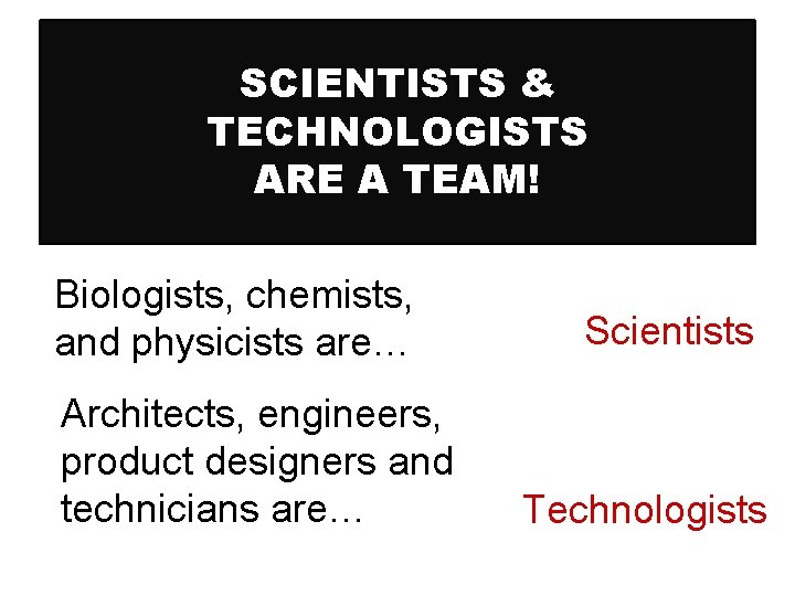 SCIENTISTS & TECHNOLOGISTS ARE A TEAM! Biologists, chemists, and physicists are… Architects, engineers, product SCIENTISTS & TECHNOLOGISTS ARE A TEAM! Biologists, chemists, and physicists are… Architects, engineers, product