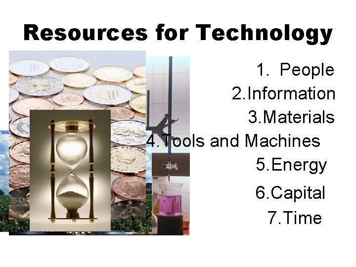 Resources for Technology 1. People 2. Information 3. Materials 4. Tools and Machines 5. Resources for Technology 1. People 2. Information 3. Materials 4. Tools and Machines 5.