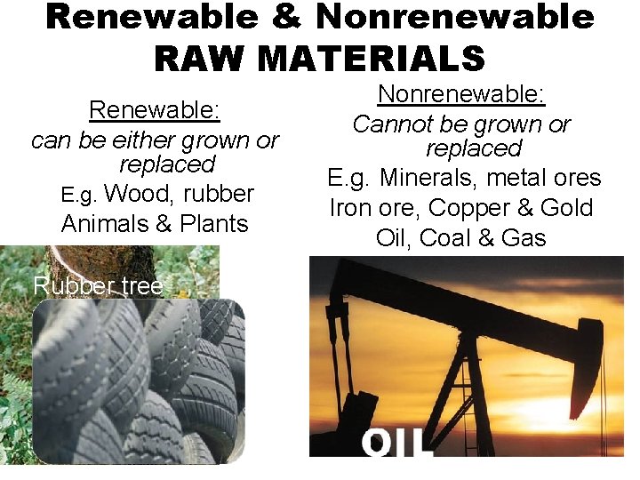 Renewable & Nonrenewable RAW MATERIALS Renewable: can be either grown or replaced E. g. Renewable & Nonrenewable RAW MATERIALS Renewable: can be either grown or replaced E. g.