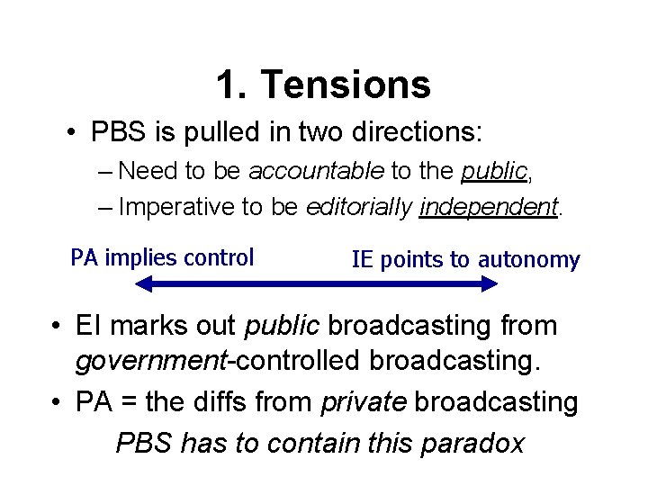 1. Tensions • PBS is pulled in two directions: – Need to be accountable