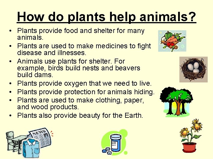 How do plants help animals? • Plants provide food and shelter for many animals.