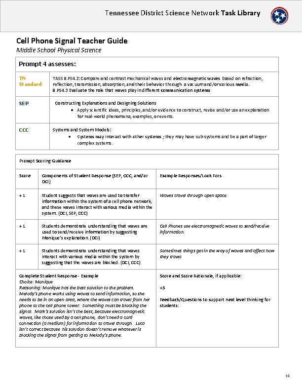 Tennessee District Science Network Task Library Cell Phone Signal Teacher Guide Middle School Physical