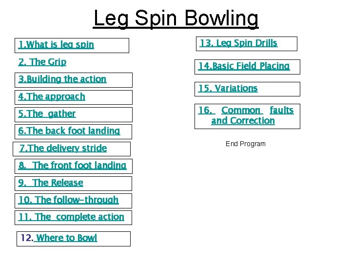 Leg Spin Bowling 1. What is leg spin 13. Leg Spin Drills 2. The