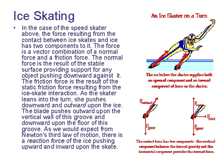 Ice Skating • In the case of the speed skater above, the force resulting