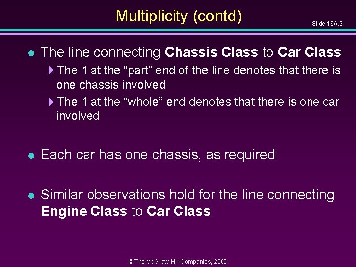 Multiplicity (contd) l Slide 16 A. 21 The line connecting Chassis Class to Car Multiplicity (contd) l Slide 16 A. 21 The line connecting Chassis Class to Car
