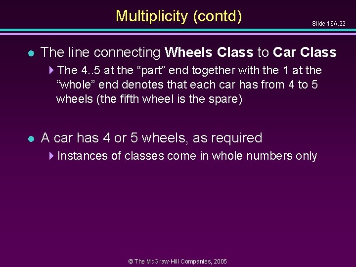 Multiplicity (contd) l Slide 16 A. 22 The line connecting Wheels Class to Car Multiplicity (contd) l Slide 16 A. 22 The line connecting Wheels Class to Car