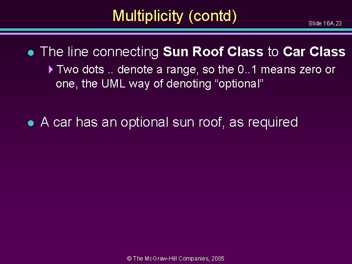 Multiplicity (contd) l Slide 16 A. 23 The line connecting Sun Roof Class to Multiplicity (contd) l Slide 16 A. 23 The line connecting Sun Roof Class to