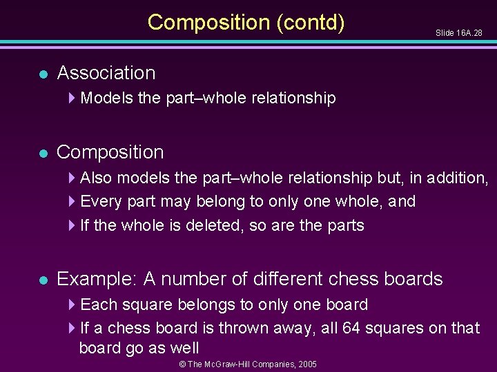 Composition (contd) l Slide 16 A. 28 Association 4 Models the part–whole relationship l Composition (contd) l Slide 16 A. 28 Association 4 Models the part–whole relationship l