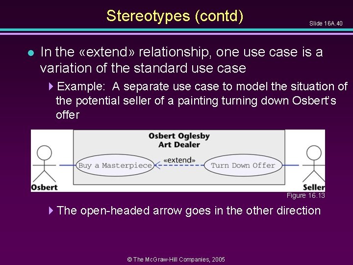 Stereotypes (contd) l Slide 16 A. 40 In the «extend» relationship, one use case Stereotypes (contd) l Slide 16 A. 40 In the «extend» relationship, one use case