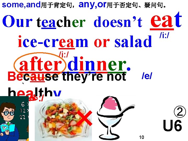 some, and 用于肯定句，any, or用于否定句、疑问句。 我们老师饭后不吃冰淇淋或沙拉。因为它们不健康。 Our teacher doesn’t eat /i: / ice-cream or salad