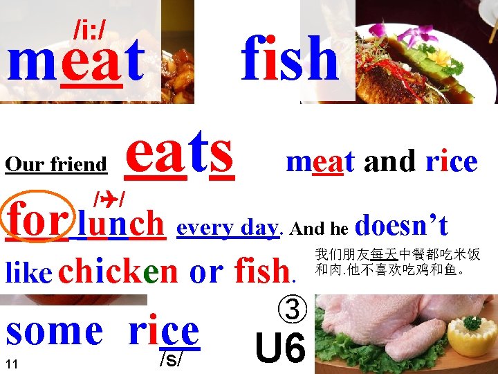 /i: / meat fish eats meat and rice Our friend / / some chicken