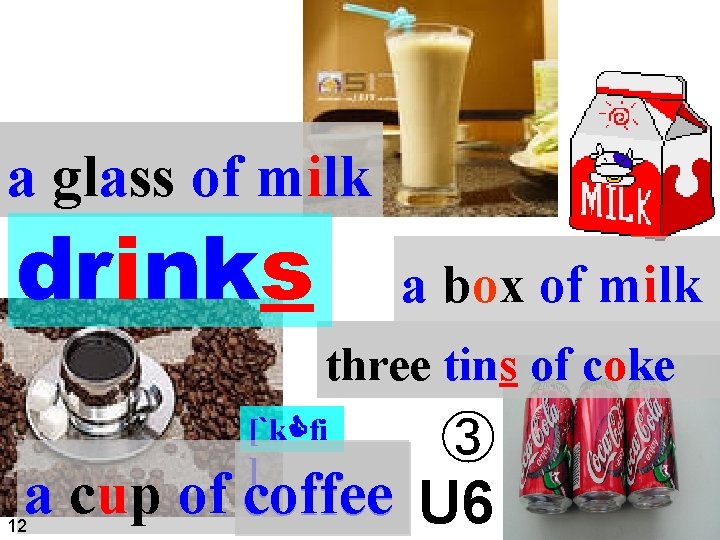 a glass of milk drinks a box of milk three tins of coke [`k