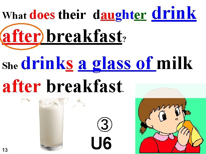 What does their daughter drink after breakfast? She drinks a glass of milk after