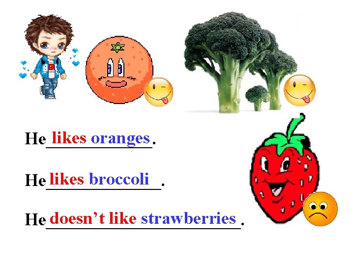likes oranges He______. likes broccoli He_______. doesn’t like strawberries He___________. 