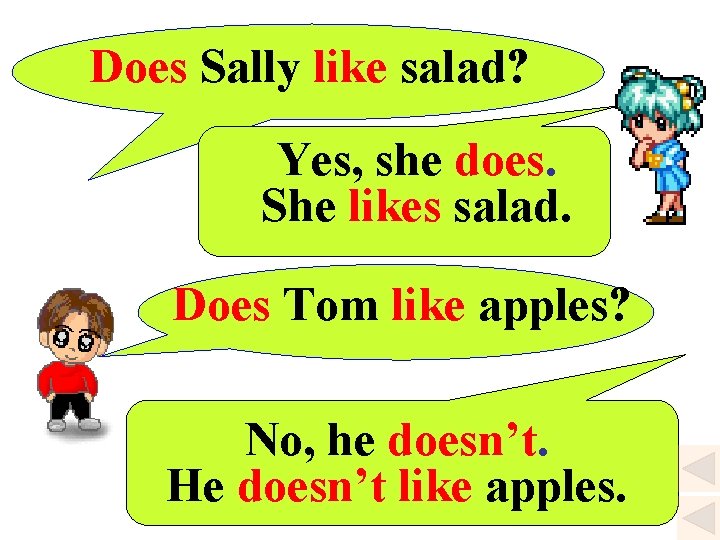 Does Sally like salad? Yes, she does. She likes salad. Does Tom like apples?