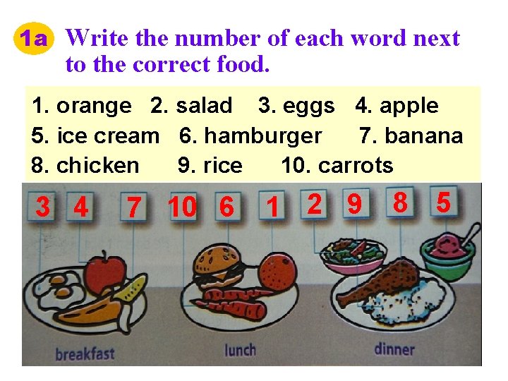 1 a Write the number of each word next to the correct food. 1.