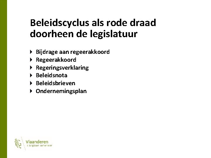 Beleidscyclus als rode draad doorheen de legislatuur Bijdrage aan regeerakkoord Regeringsverklaring Beleidsnota Beleidsbrieven Ondernemingsplan