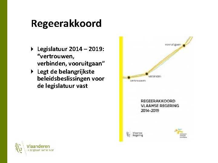 Regeerakkoord Legislatuur 2014 – 2019: “vertrouwen, verbinden, vooruitgaan” Legt de belangrijkste beleidsbeslissingen voor de